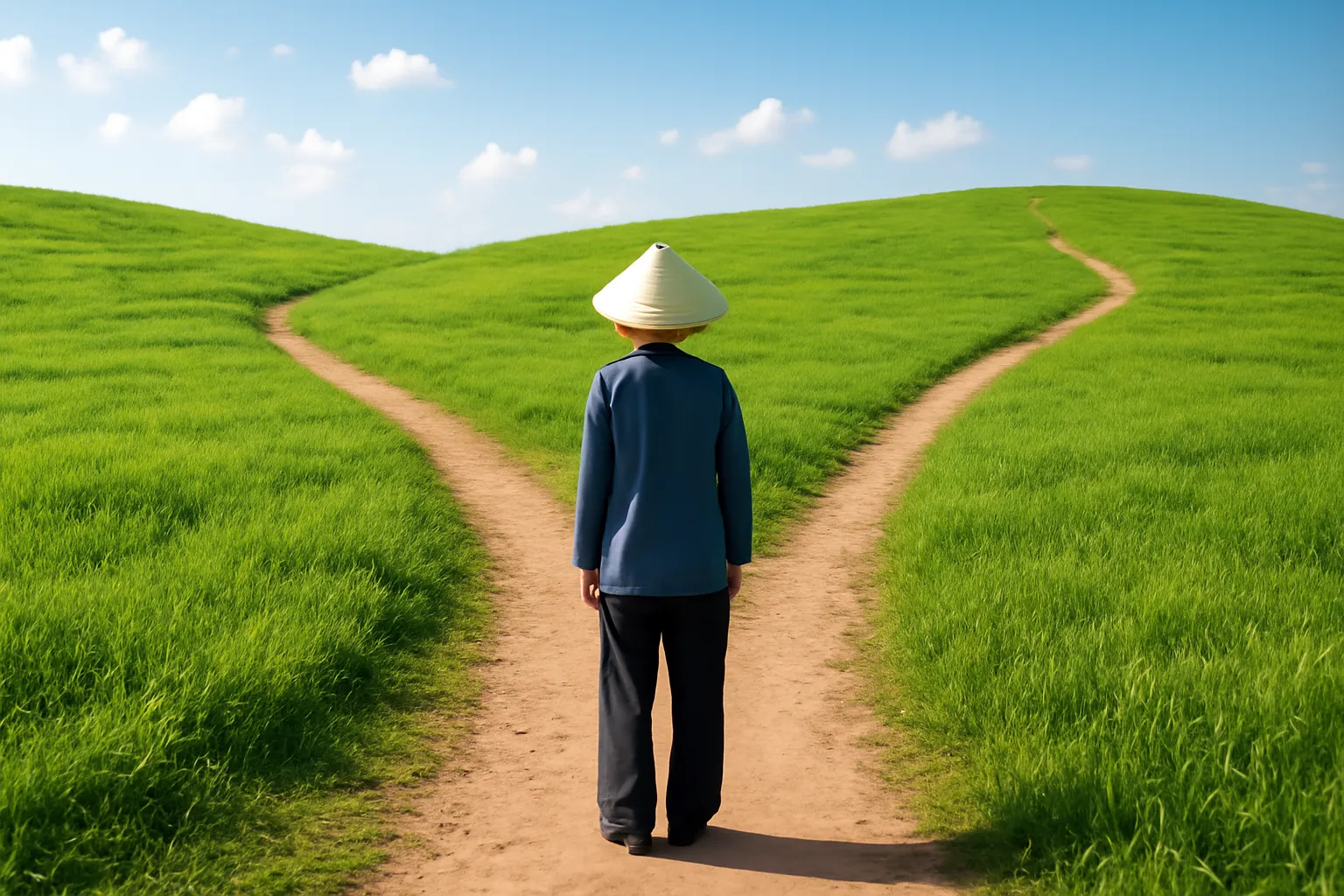 Lối mòn rẽ hai ngả trên đồi cỏ, một người đứng ở chỗ rẽ nhìn xa