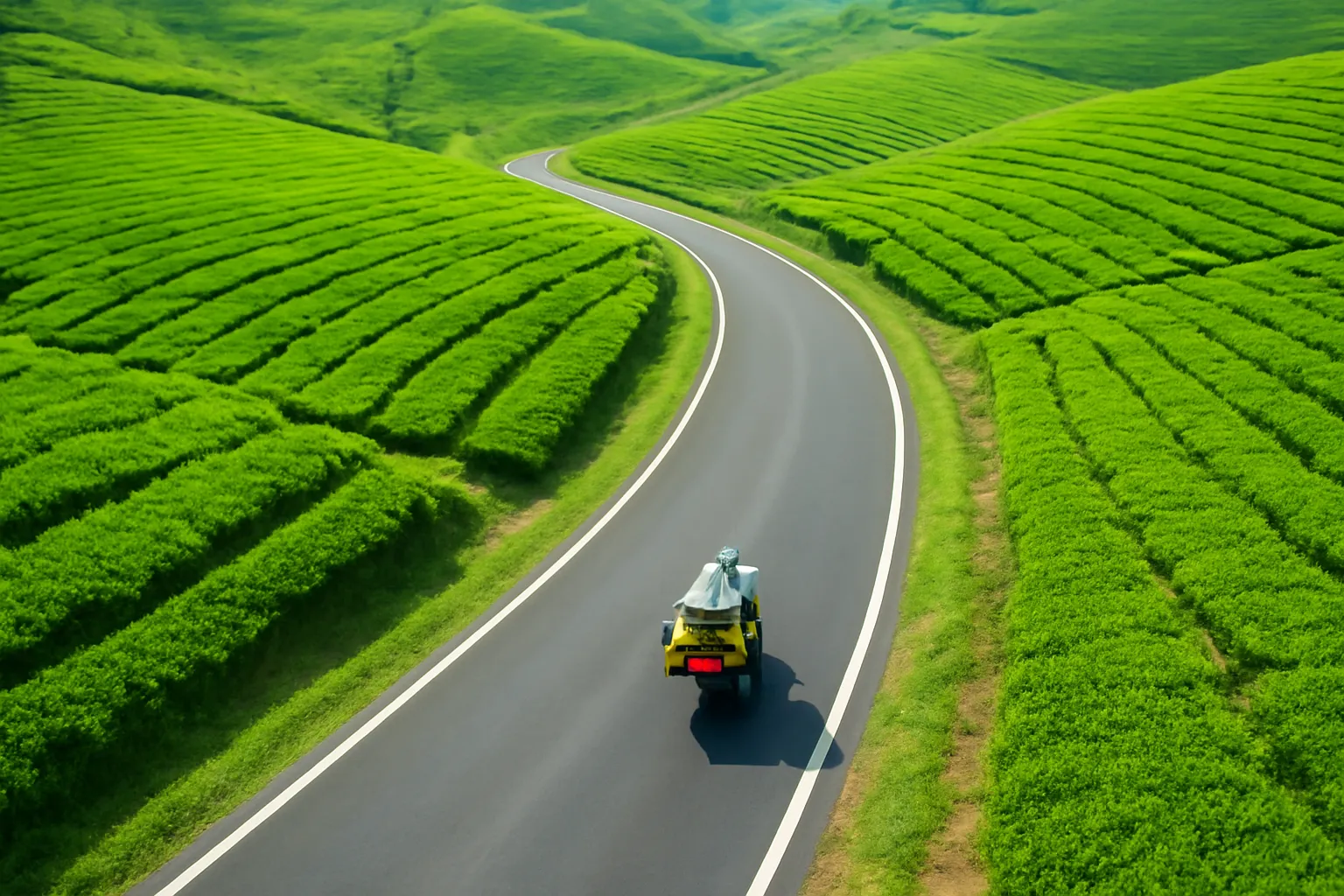 Xe máy chở giỏ rau chạy trên đường nhựa giữa đồi chè xanh, nhìn từ trên cao