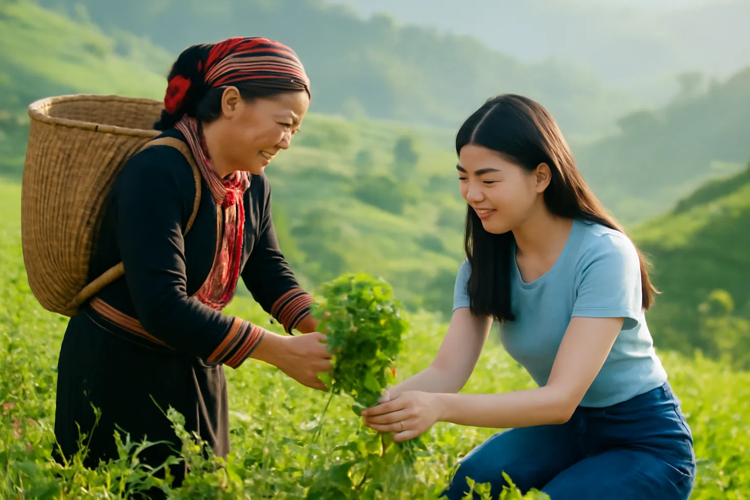 Người phụ nữ bản địa và cô gái trẻ hái rau dại bên bờ rẫy, mang gùi mây