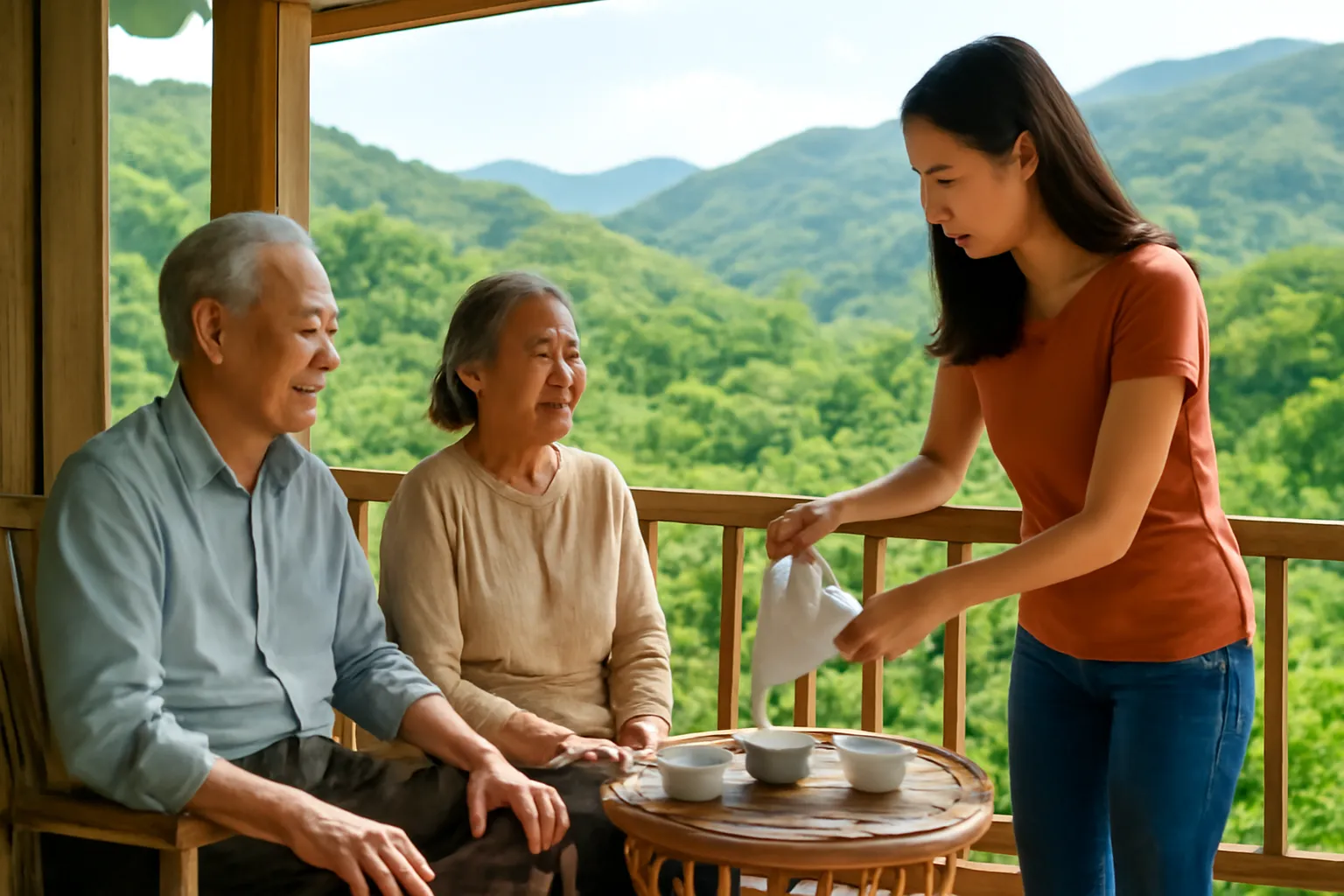 Cặp ông bà ngồi ghế tre trên hiên nhìn ra đồi, con gái rót trà