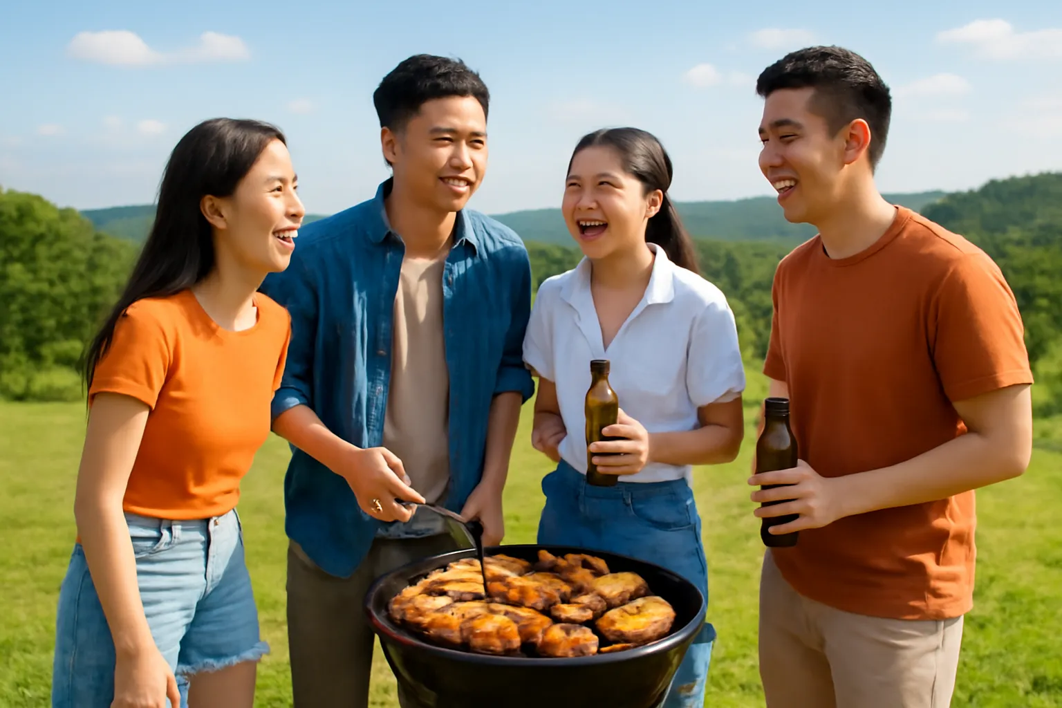 Nhóm bạn mới quây quần quanh bếp nướng ngoài trời trên đồi cỏ, cười nói