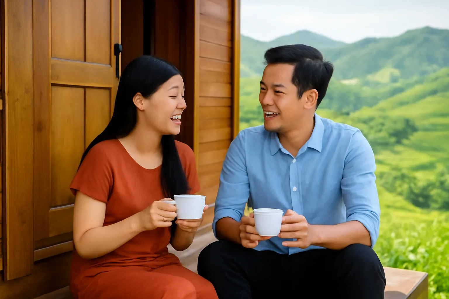 Hai vợ chồng ngồi trên bậc thềm nhà gỗ trò chuyện, tay cầm cốc trà