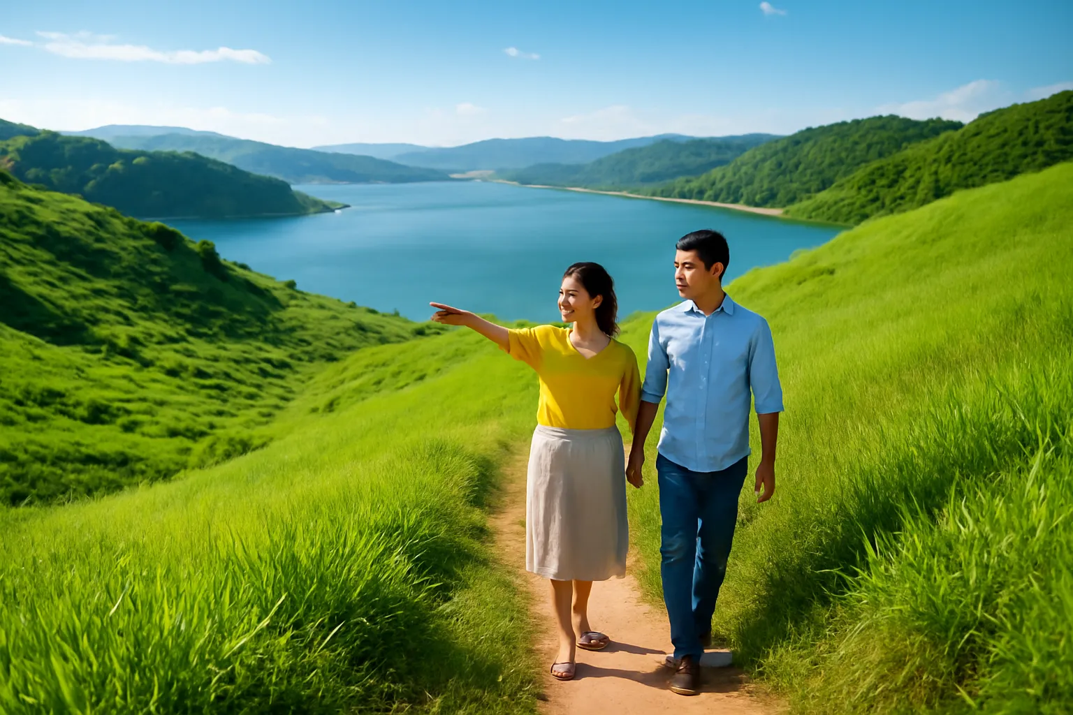 Cặp vợ chồng đi bộ trên lối mòn đồi cỏ, người vợ chỉ tay về phía hồ