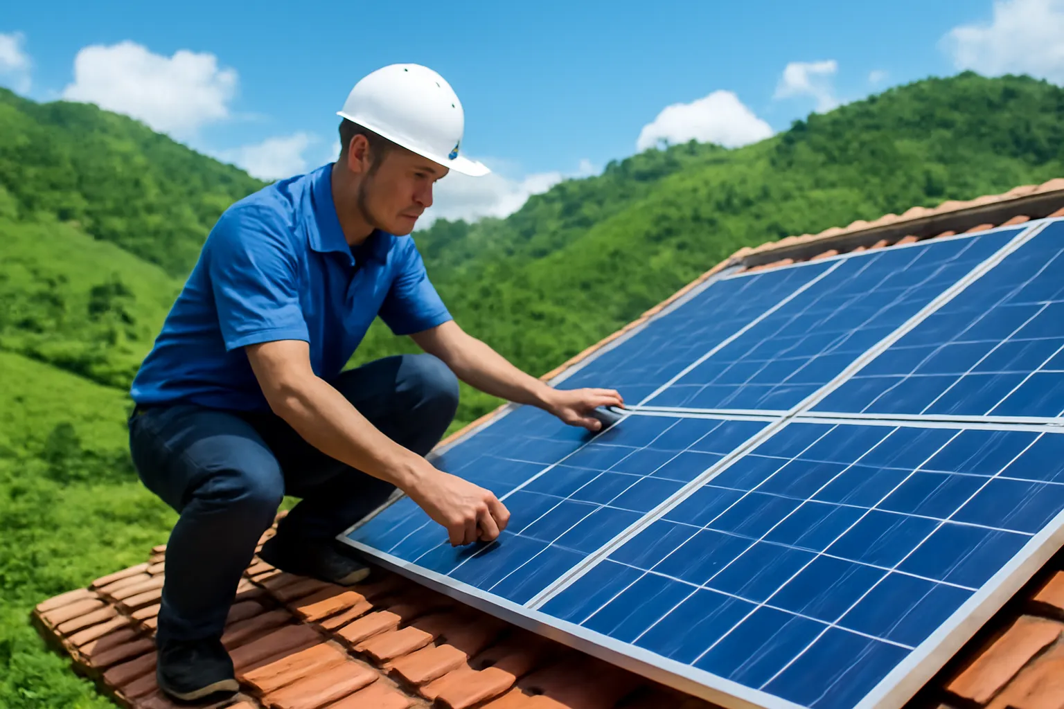 Người thợ lắp tấm pin mặt trời trên mái nhà gỗ, đồi xanh phía sau