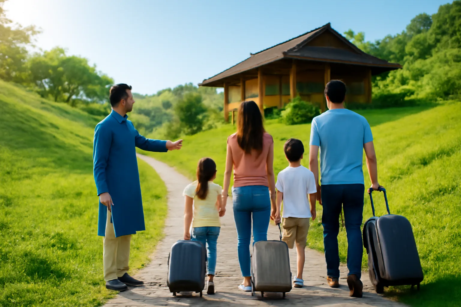 Chủ nhà dẫn một gia đình khách kéo vali qua lối đá lên đồi buổi sáng