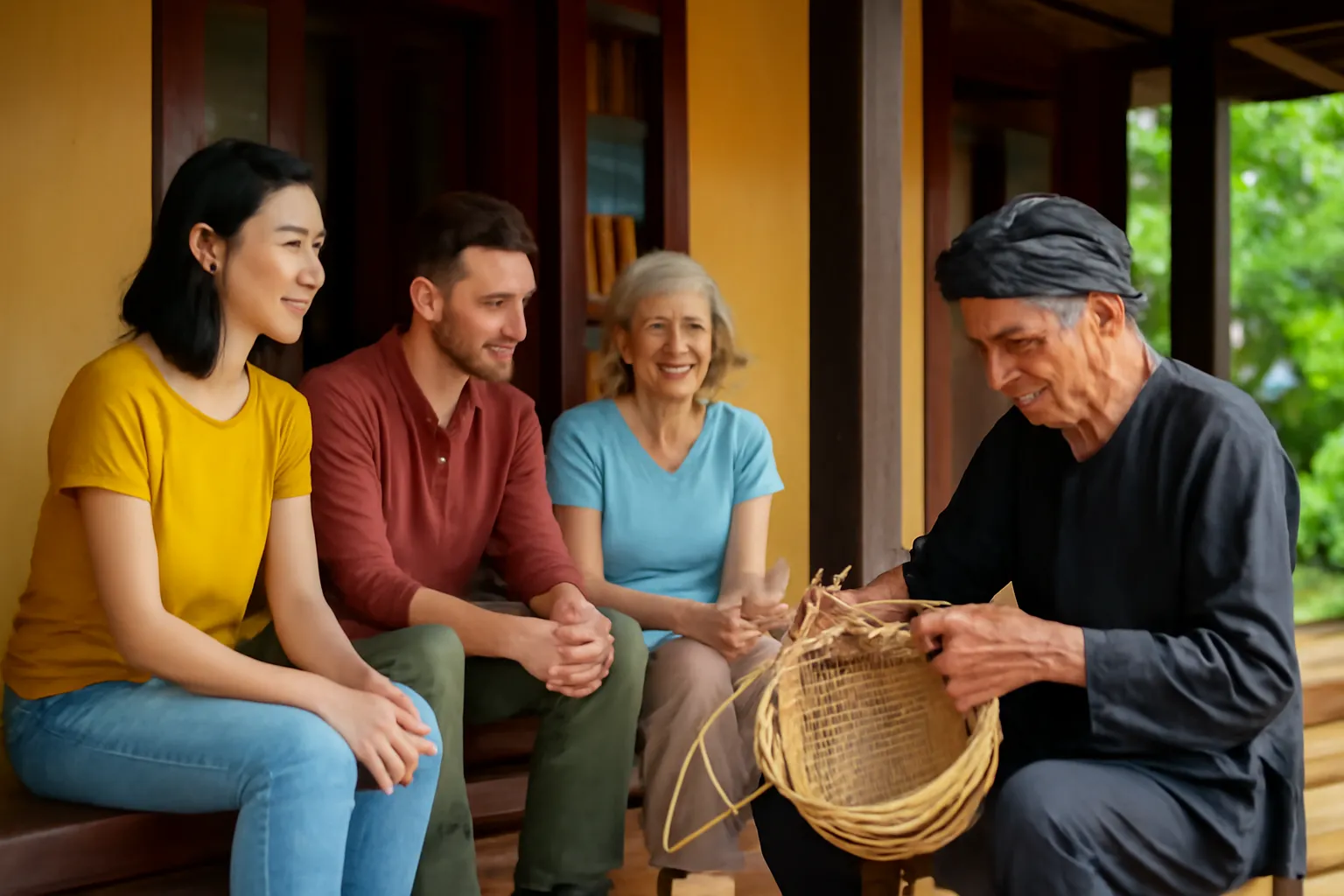 Nhóm khách nhỏ ngồi nghe nghệ nhân đan gùi dưới hiên nhà trong bản