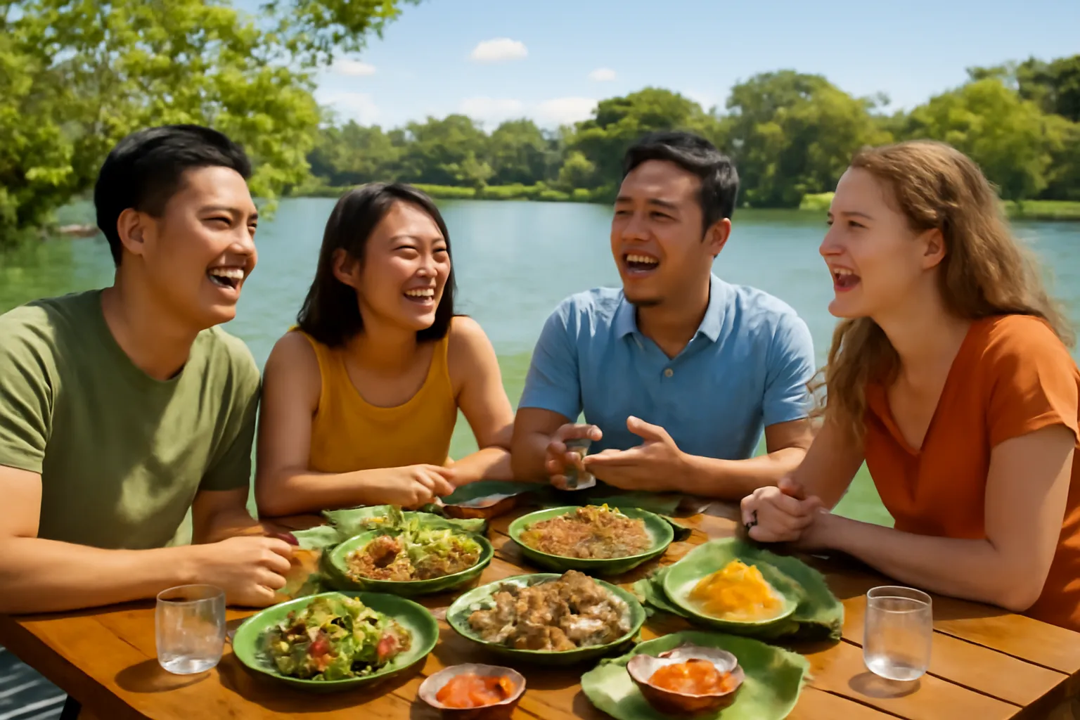 Bàn ăn gỗ ngoài trời bày món địa phương trên lá chuối, khách cười, hồ phía sau