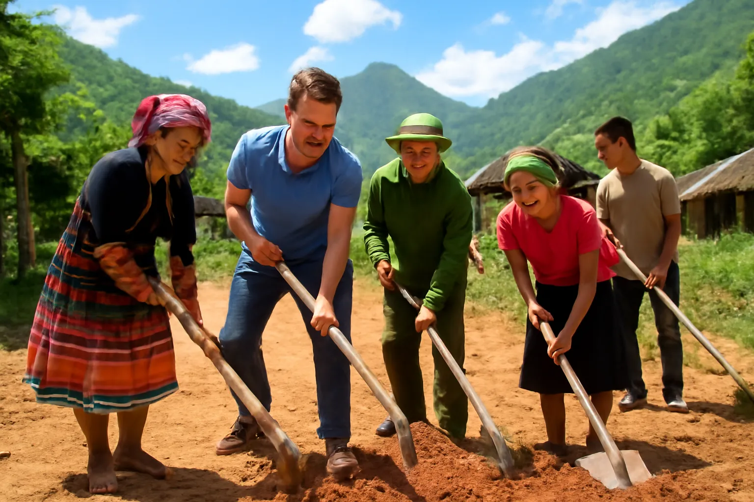Người bản địa và người mới cùng sửa con đường đất bằng xẻng dưới nắng trưa