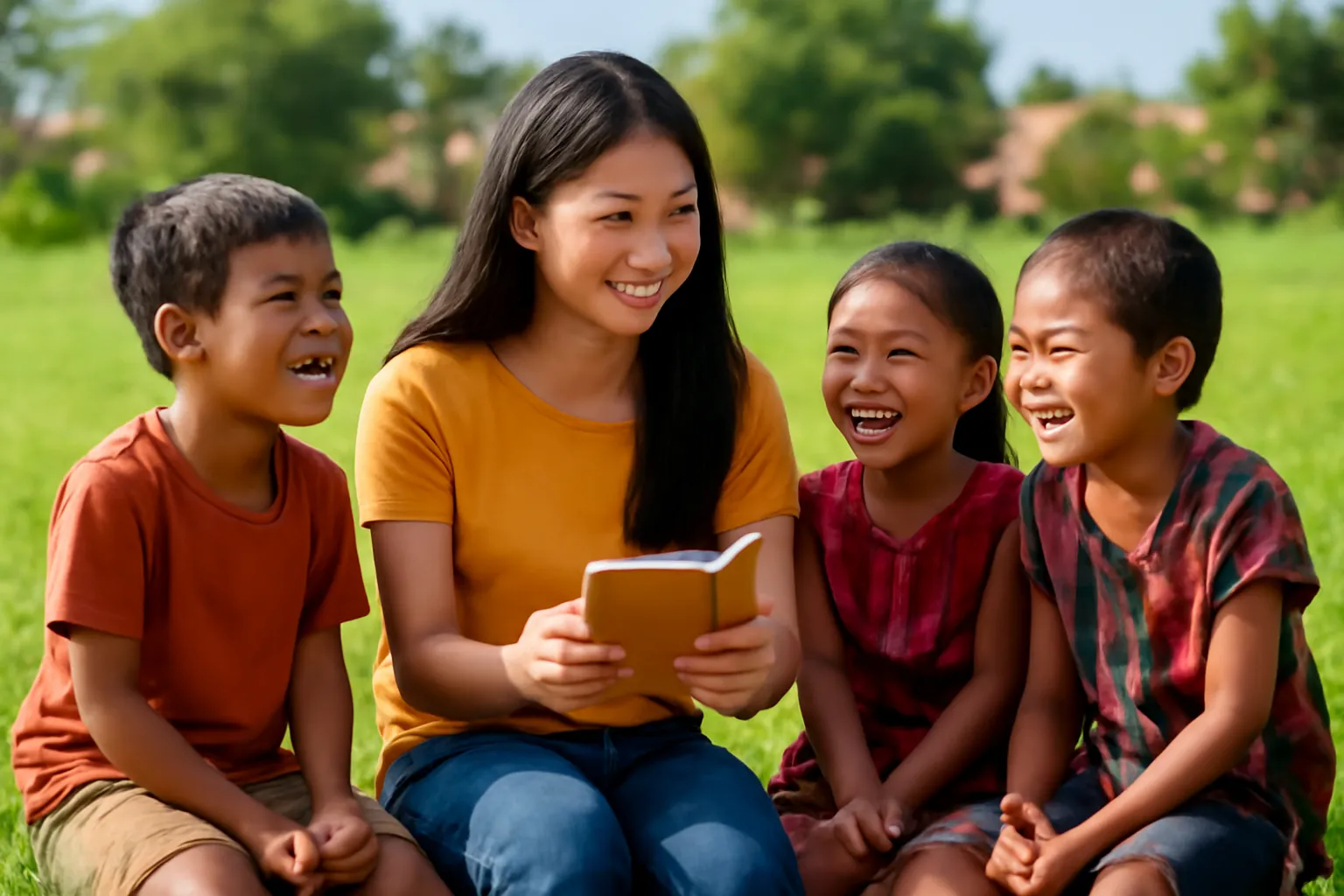 Cô gái cầm sổ tay ngồi cạnh nhóm trẻ em bản cười đùa trên bãi cỏ