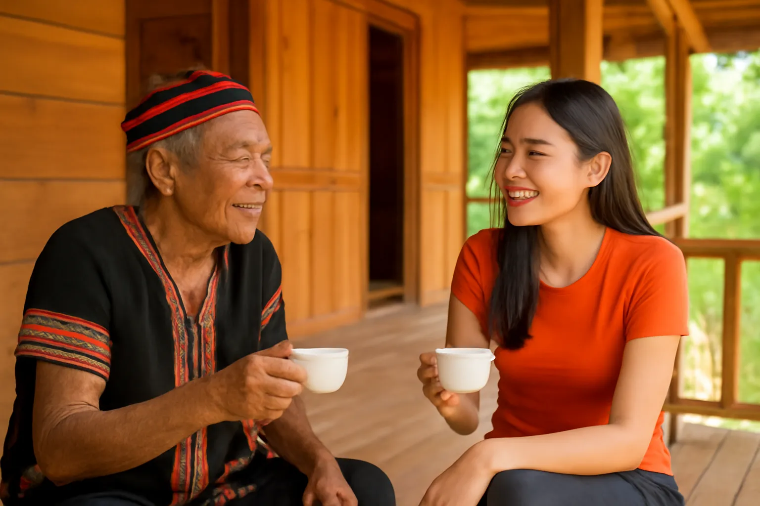 Cụ ông bản địa và cô gái trẻ ngồi uống trà trên hiên nhà sàn