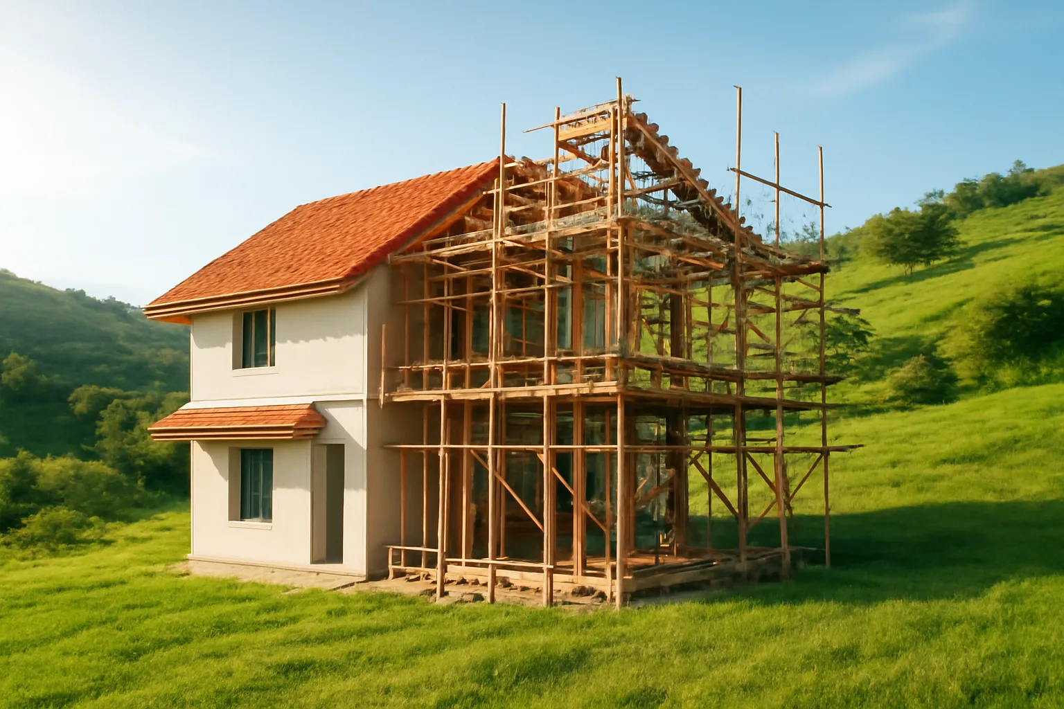 Căn nhà đang làm dở, nửa đã lợp mái, nửa còn khung với giàn giáo tre