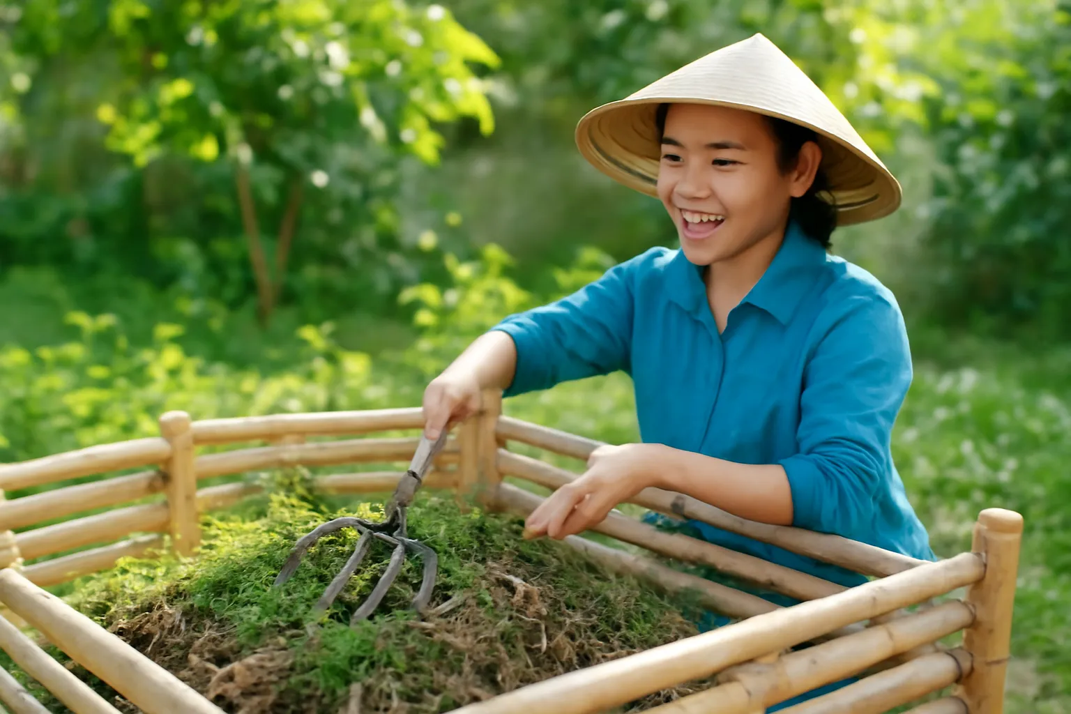 Người đảo đống ủ cỏ và lá khô trong ô tre bằng chĩa dưới nắng sáng