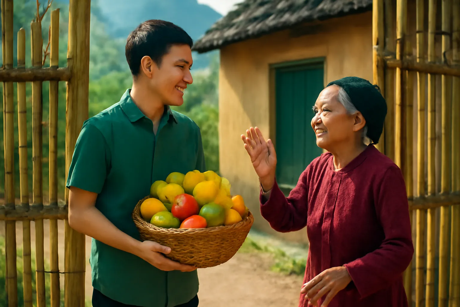 Người đàn ông trẻ mang giỏ trái cây đứng trước cổng tre, bà cụ ra đón