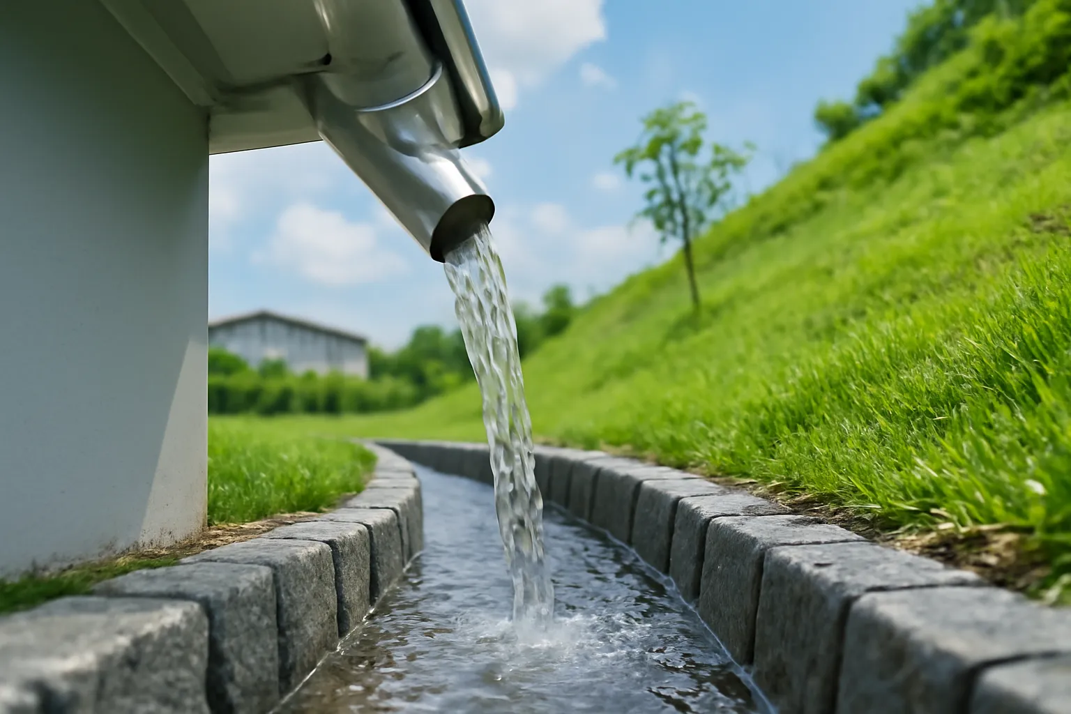 Nước mưa chảy từ máng xối xuống rãnh đá quanh nhà sau cơn mưa
