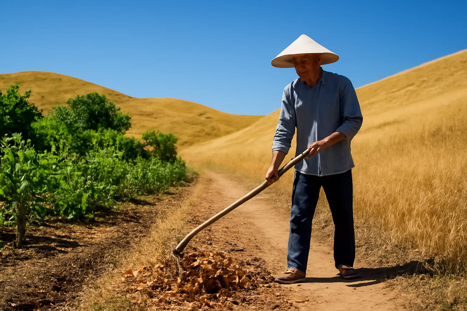 Người đàn ông cào lá khô tạo dải đất trống quanh vườn giữa đồi cỏ vàng