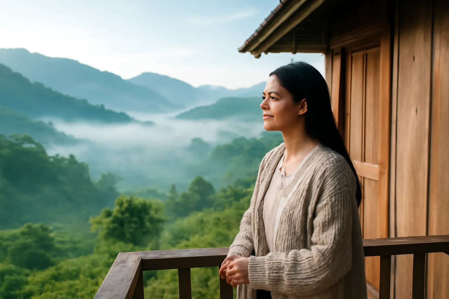 Người phụ nữ khoác áo len đứng trước nhà gỗ nhìn sương tan trên thung lũng