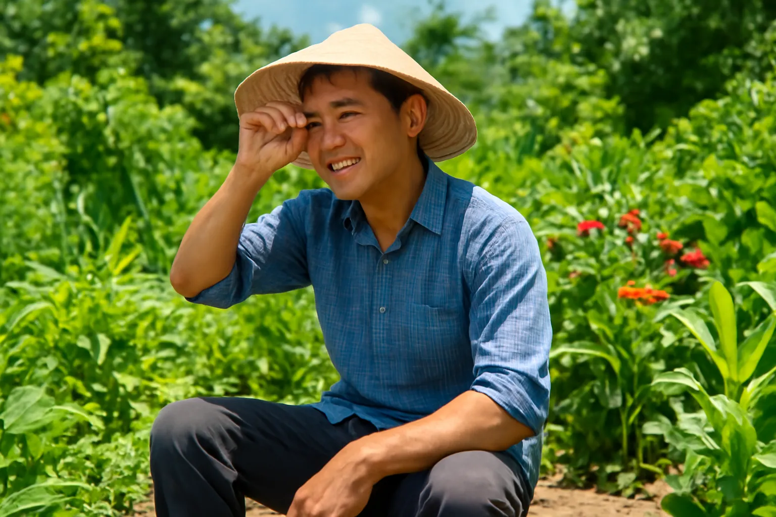 Người đàn ông ngồi nghỉ trên khúc gỗ giữa vườn xanh, lau mồ hôi, cười nhẹ