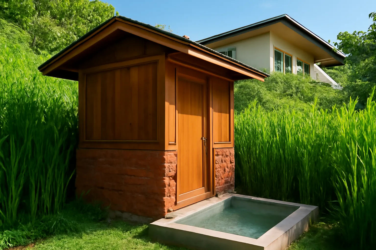 Căn nhà tắm nhỏ bằng gỗ và đá ong, luống cây lau xanh bao quanh