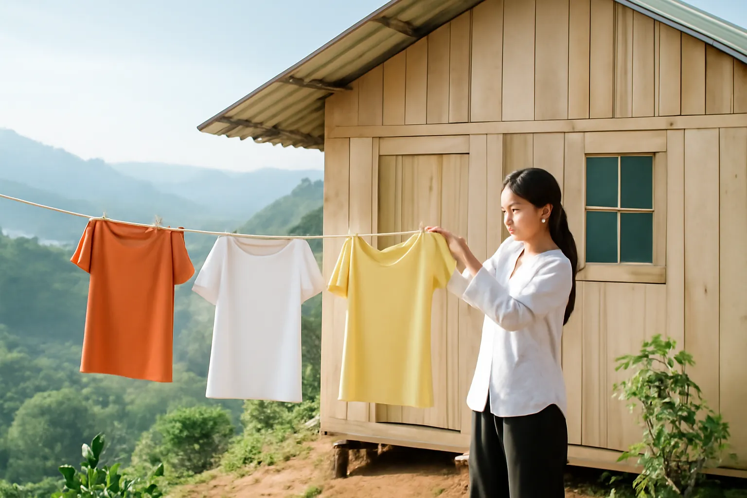 Người phụ nữ phơi áo trên dây trước căn nhà gỗ thuê vào buổi sáng