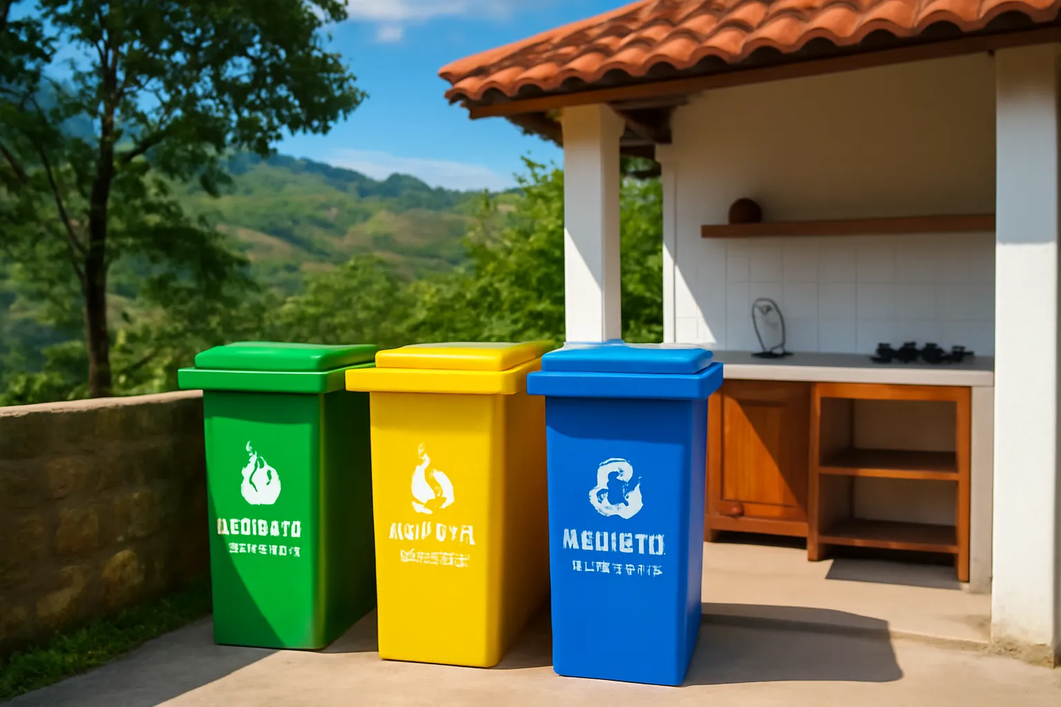 Các thùng phân loại rác sơn ba màu đặt cạnh bếp ngoài trời