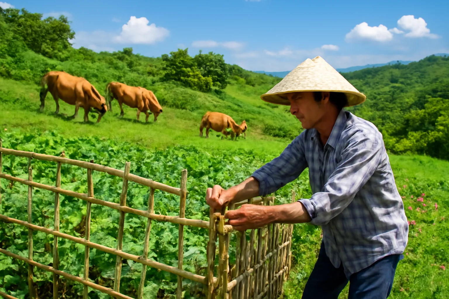 Người đàn ông buộc hàng rào tre quanh vườn, đàn bò vàng gặm cỏ phía xa