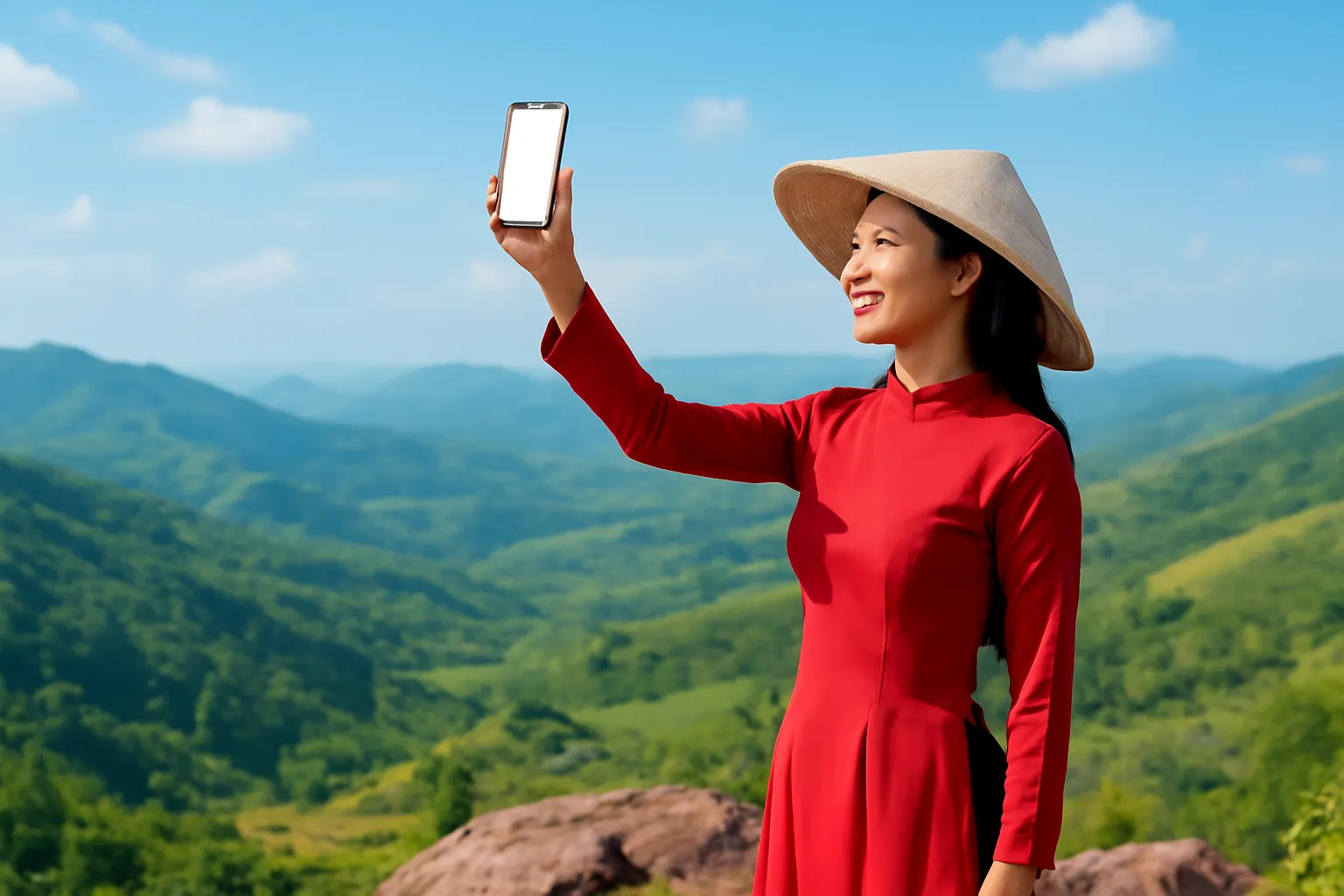 Người phụ nữ đứng trên mỏm đá giơ điện thoại lên cao, đồi xa phía sau