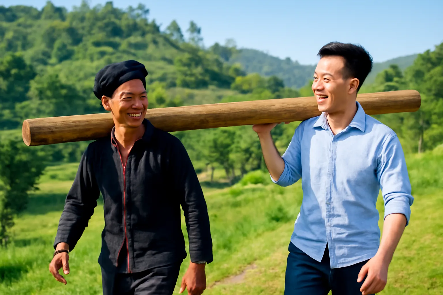 Hai người đàn ông cùng khiêng cây cột gỗ, vừa làm vừa cười nói