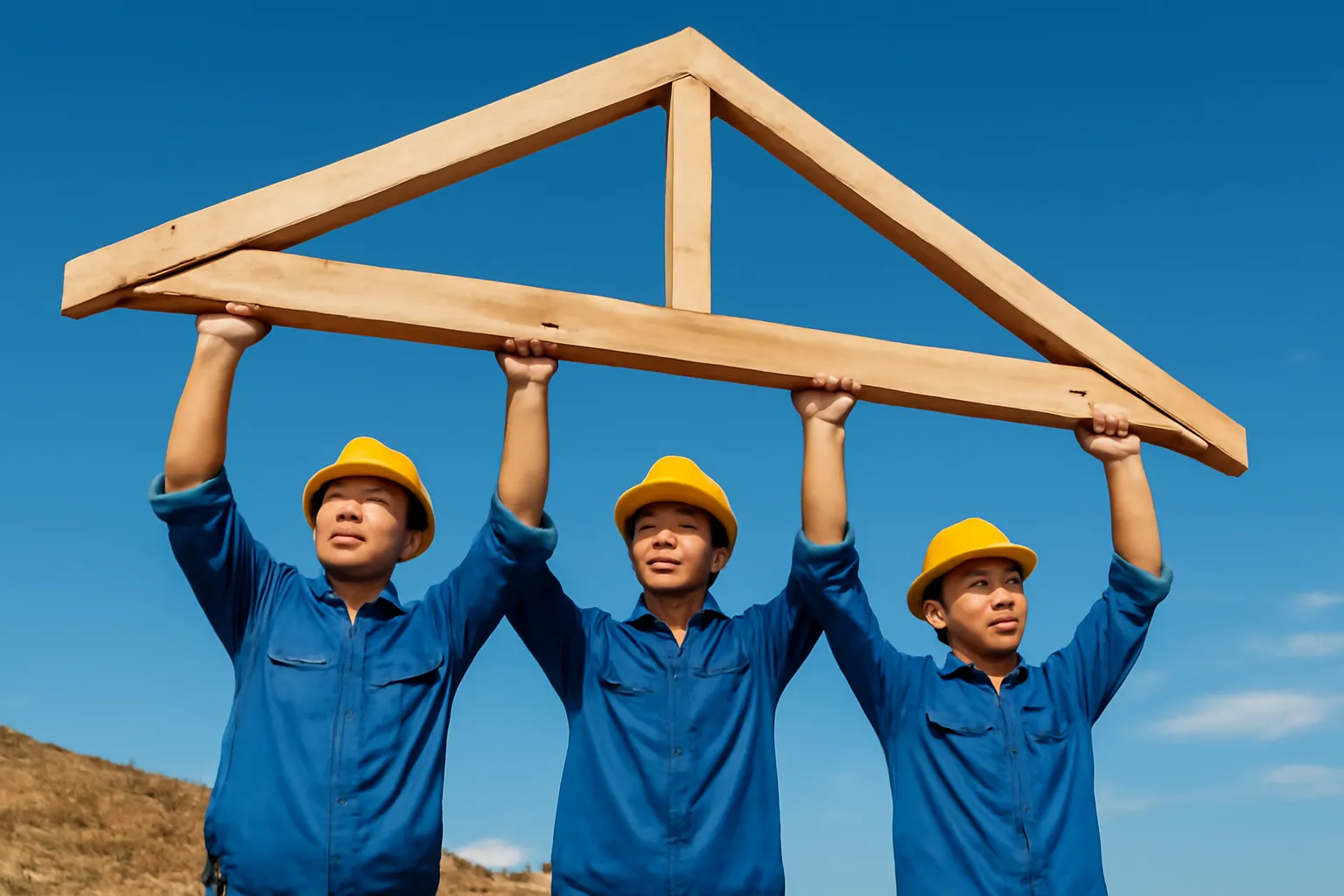 Ba người thợ đội mũ bảo hộ dựng khung kèo gỗ dưới trời xanh
