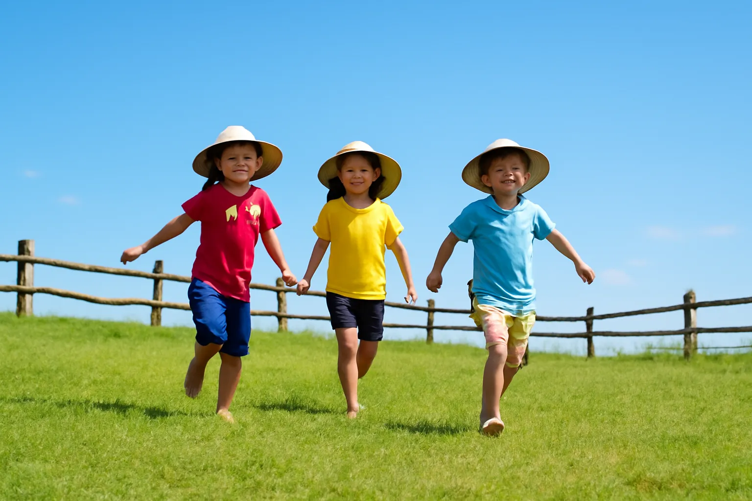 Ba đứa trẻ đội mũ chạy trên bãi cỏ thoải có hàng rào gỗ dưới trời xanh