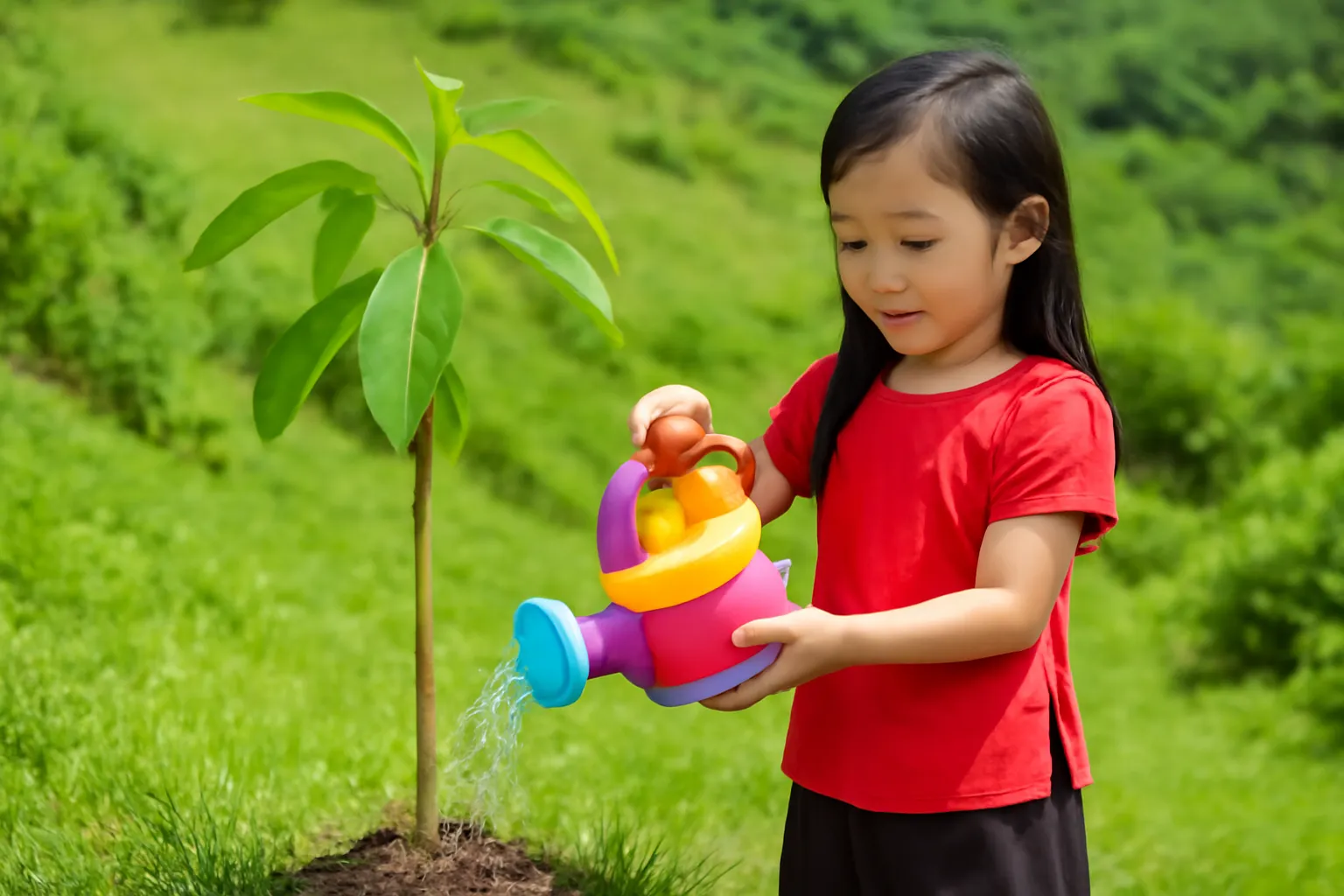 Bé gái tưới cây bơ non cao ngang người bằng bình tưới nhựa dưới nắng trưa