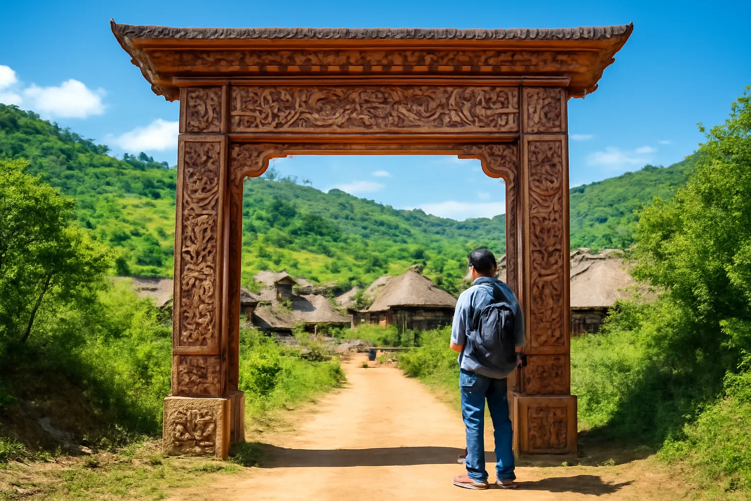 Cổng gỗ có hoa văn ở lối vào bản, người khách đứng chờ bên ngoài