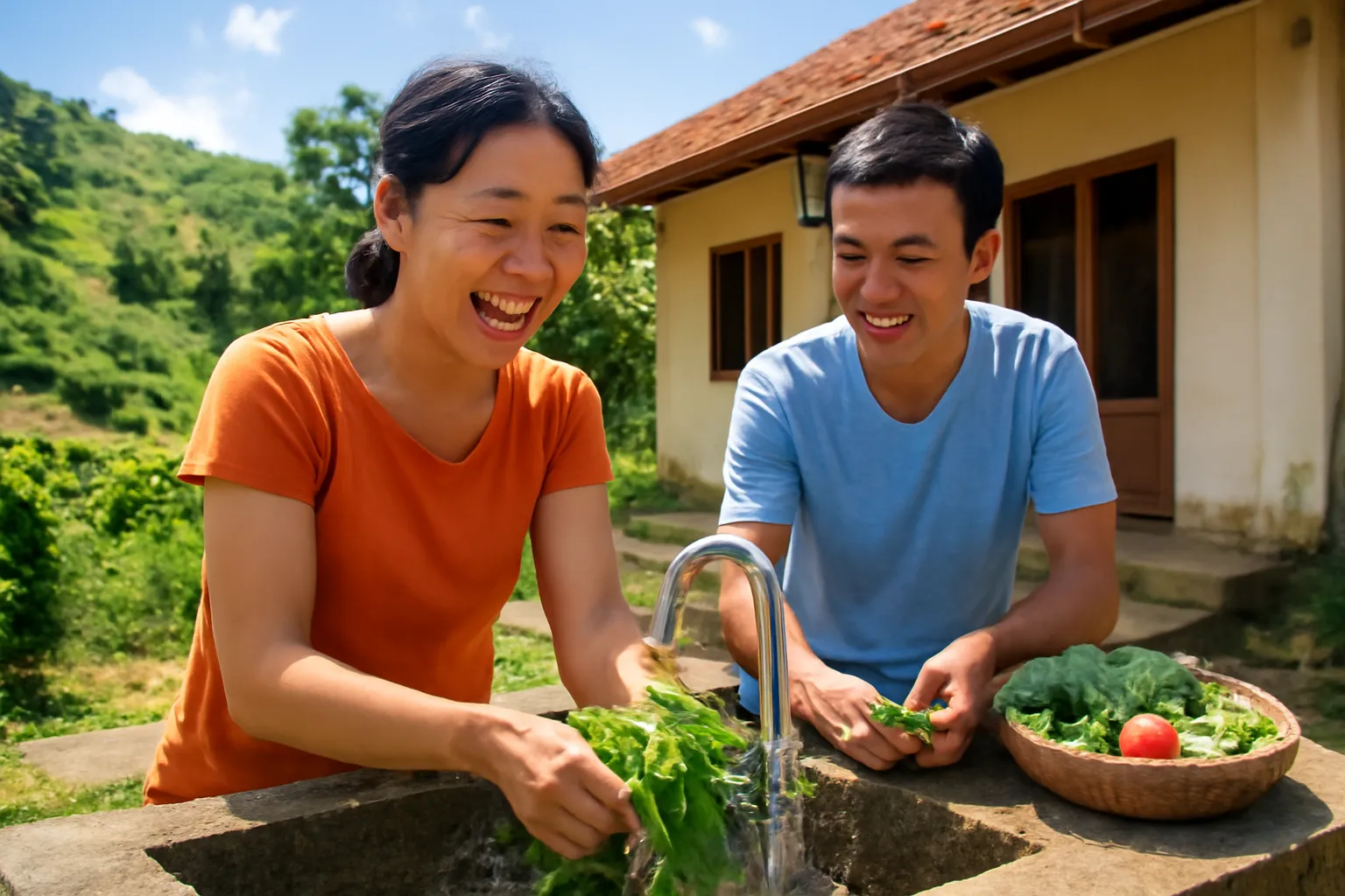 Hai vợ chồng cùng rửa rau ở bể nước ngoài trời, người vợ cười