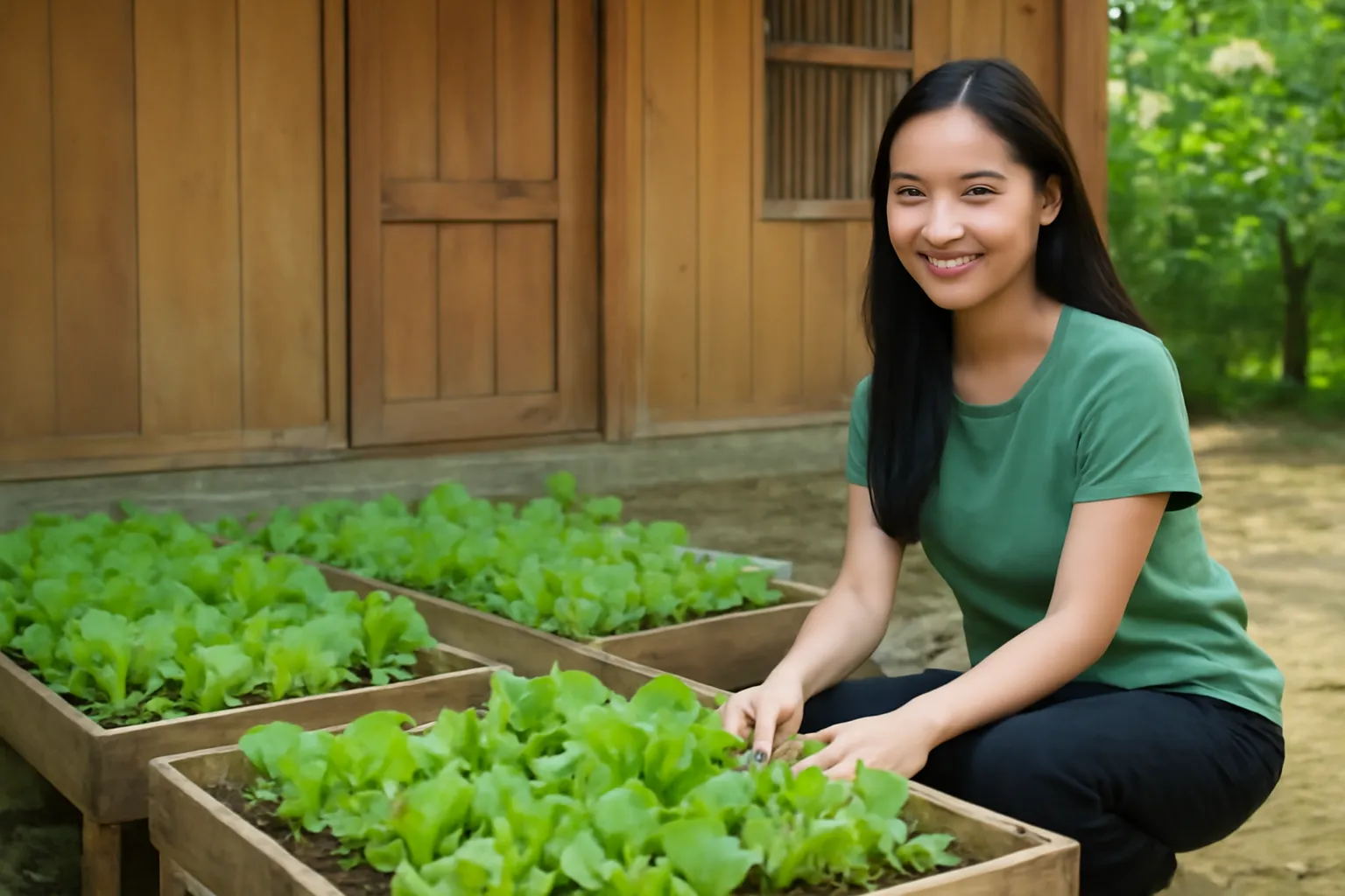 Người phụ nữ trẻ quỳ cạnh ba luống rau non bên nhà gỗ buổi sáng sớm