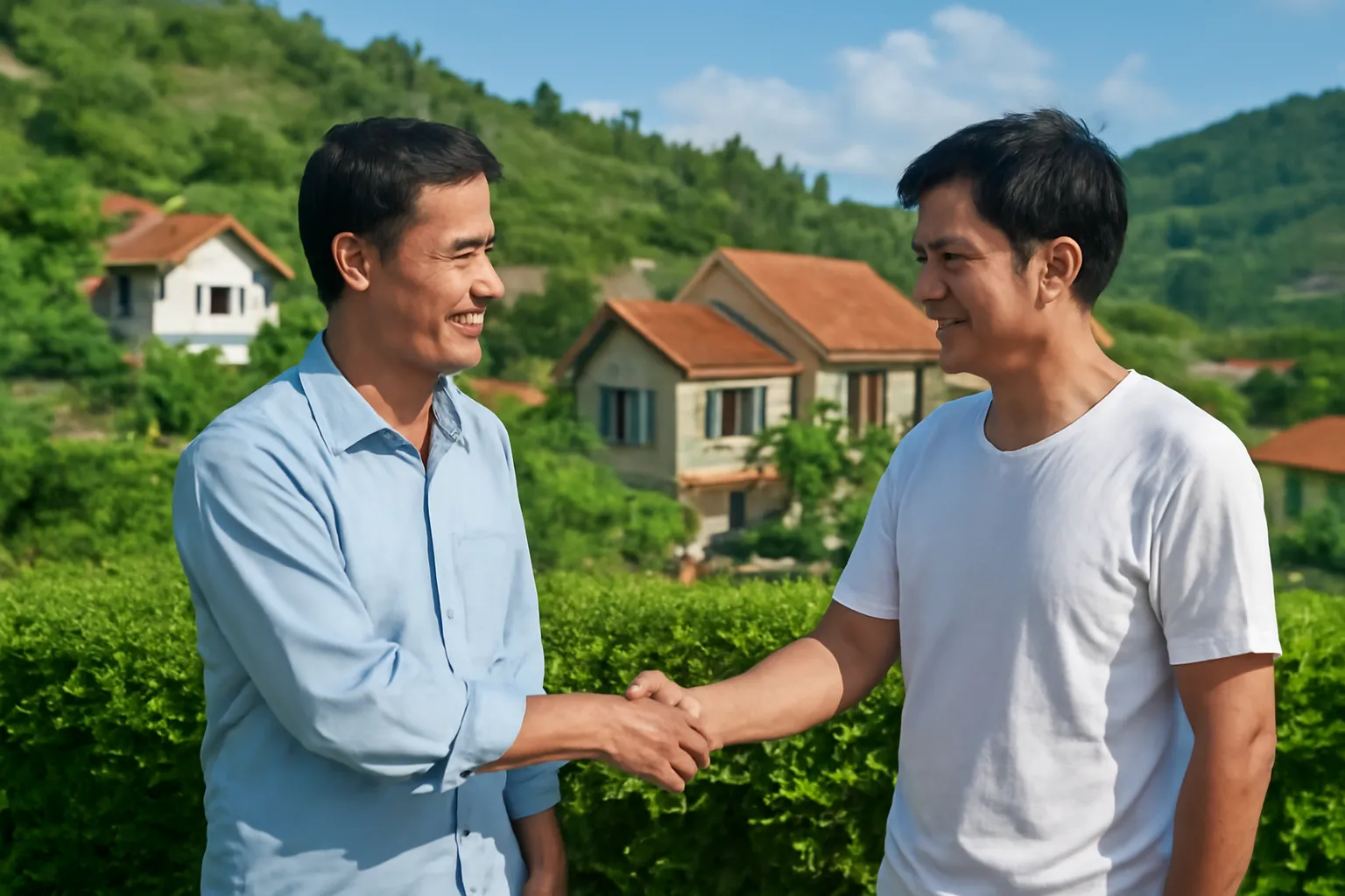 Hai người đàn ông đứng hai bên hàng rào cây xanh bắt tay nhau